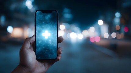 A modern smartphone displaying a glowing health cross icon is held by a hand against a blurred city night background
