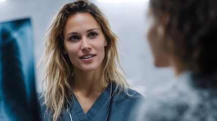 Medical professional explains an X ray image to a patient discussing health details in a clinic