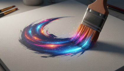 Fantasy illustration of a paintbrush with a brush on a galaxy background.