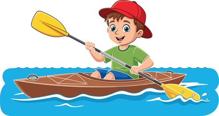 Cartoon child kayaking with paddle in blue water, cheerful outdoor adventure scene, vector illustration for kids, sports, recreation, and nature content