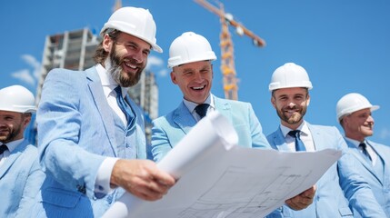 Construction team reviews building plans at a sunny site, showcasing teamwork and planning in progress