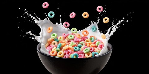 Splash of milk with colorful cereal rings in a black bowl on dark background. Dynamic motion, fresh breakfast concept with vibrant colors and energy, perfect for food and lifestyle themes.