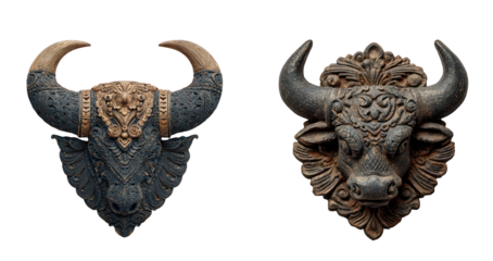 Ornate bison head carvings isolated on transparent background