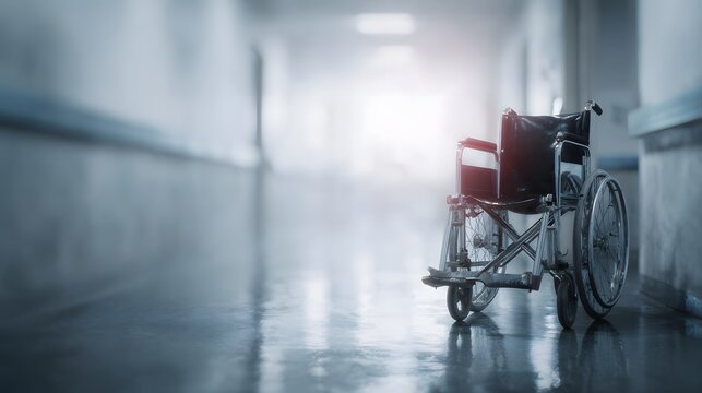 An empty wheelchair is parked in a long dimly lit hospital corridor suggesting themes of waiting recovery or medical care and patient mobility