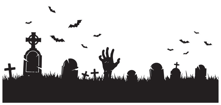 A spooky Halloween graveyard scene with tombstones, a rising zombie hand, and bats flying in the night sky.