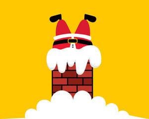 Funny Santa Claus stuck upside down in brick chimney with snow, humorous festive Christmas design in bright yellow background and playful style. Vector illustration.