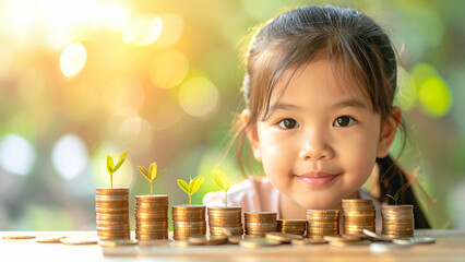 A smiling child gazes at stacks of coins with growing plants, symbolizing financial growth and investment. The image portrays a child's financial future and aspirations