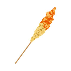 Colorful vector illustration of Indonesian egg roll on stick, traditional street food snack in realistic vibrant design.