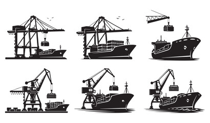 Black and white illustrations of cargo ships being loaded and unloaded at a port.