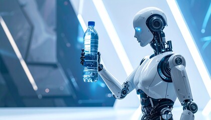 A futuristic robot examines a water bottle with cool futuristic glow and background. This image evokes a sense of technological advancement and curiosity