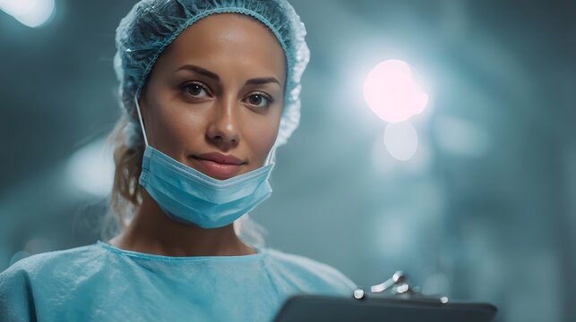 A healthcare professional in scrubs and mask holds a clipboard in a brightly lit medical environment