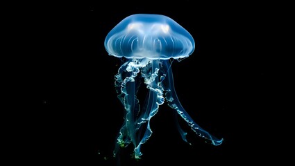 Bioluminescent blue jellyfish floating in dark ocean water