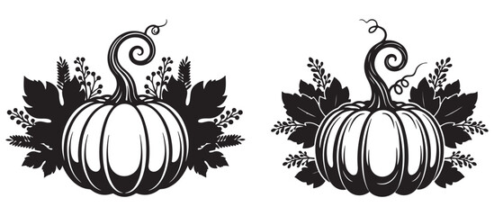 Two black and white pumpkin illustrations with leaves and vines, perfect for autumn or Halloween designs.