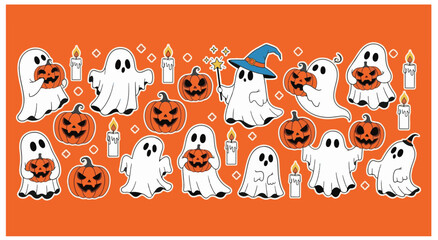 Halloween themed illustration featuring cute ghosts and pumpkins, with candles.