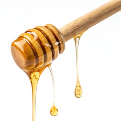 flowing drops of yellow honey from a wooden stick