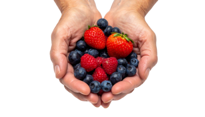 A pair of hands gently cupping an assortment of fresh berries, showcasing vibrant colors and textures