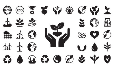 Obraz premium Collection of various eco-friendly and environmental protection icons, symbols, and illustrations.