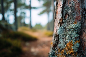 Obraz premium Close-up of textured pine tree bark covered with vibrant green and yellow lichen, with a blurred path and forest in the background