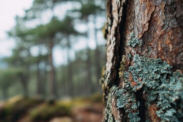 Close-up of a pine tree trunk, covered in moss and lichen, with a blurred forest background