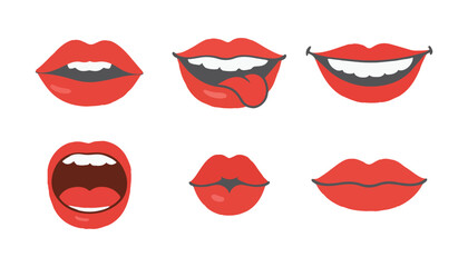Expressive lips collection with vibrant red lipstick, showcasing diverse emotions and expressions for beauty and cosmetic designs