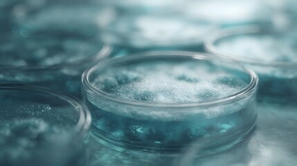 Close up of scientific petri dishes containing blueish culture growth in a sterile laboratory setting