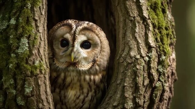 Tawny Owl Hiding in a Tree Hollow - A Glimpse into Natures Secrets.