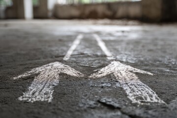 Two chalk arrows pointing upward on a dusty concrete floor