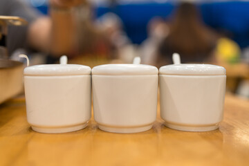 Ceramic bowl for sauces and condiments for Shabu and Sukiyaki on wood table