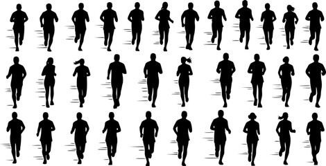 Running men and women, isolated vector silhouettes. Run, side view. Silhouettes of athletic looking male and female runners running. EPS version.