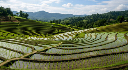 Fototapeta premium lush green rice terraces on a hillside under a cloudy sky
