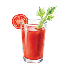 Watercolor Tomato Juice Glass with Celery and Slice Isolated on White Background, Fresh Vegetable Drink Vector Illustration