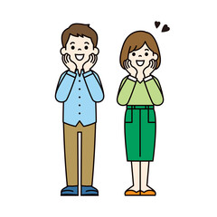 嬉しそうな表情でワクワクしている、若い男性と女性の全身ベクターイラスト素材＿カラー