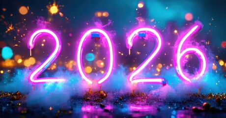 Bright neon numbers display year 2026. Colorful sparks, smoke create festive atmosphere. Celebration, future concept shown.