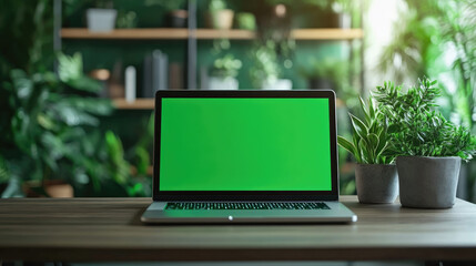 Modern laptop with green screen showing chroma key for copy space is placed on rustic wooden desk in cozy home office with potted plants, notebooks and pencils, illuminated by warm sunlight