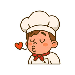 Cute chef cartoon character blowing a kiss with heart. Adorable cook illustration in uniform and hat. Kawaii chef emoticon showing love expression.