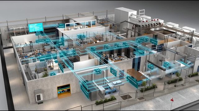 ICS. Industrial Control Systems. Cybersecurity. Industrial automation. IIoT. Critical infrastructure. An aerial view of a modern industrial facility with digital overlays.