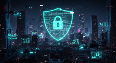 Cyberpunk City Network Security Firewall Data Protection Concept