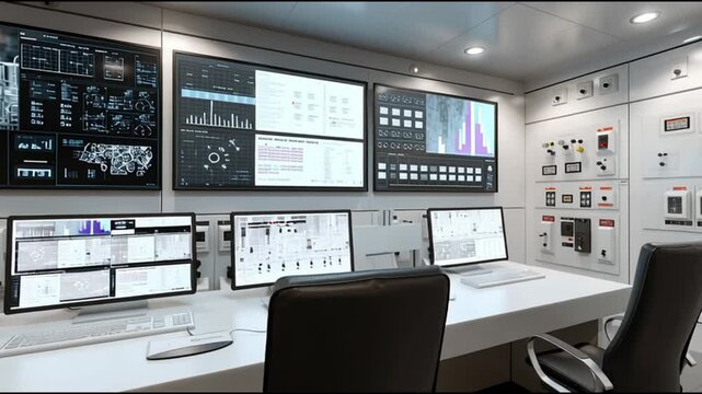 ICS. Industrial Control Systems. Cybersecurity. Industrial automation. IIoT. Critical infrastructure. A modern control room with multiple screens displaying data analytics.