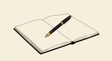 Open book with blank pages and pen illustration on neutral background