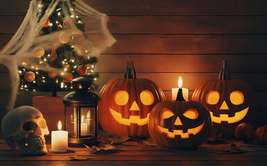 Festive Halloween Scene with Glowing Jack-o'-Lanterns, Candles, Skull Decor, and Christmas Tree, Cozy Mixed-Holiday Display Featuring Autumn Leaves, Witch Hat, and Spooky Accents for Seasonal Design 