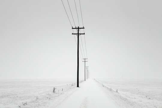 A snow-covered road stretches into a vast, gray landscape, with utility poles lining the way - Powered by Adobe