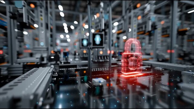 ICS. Industrial Control Systems. Cybersecurity. Industrial automation. IIoT. Critical infrastructure. A digital lock icon glowing against a blurred industrial background.
