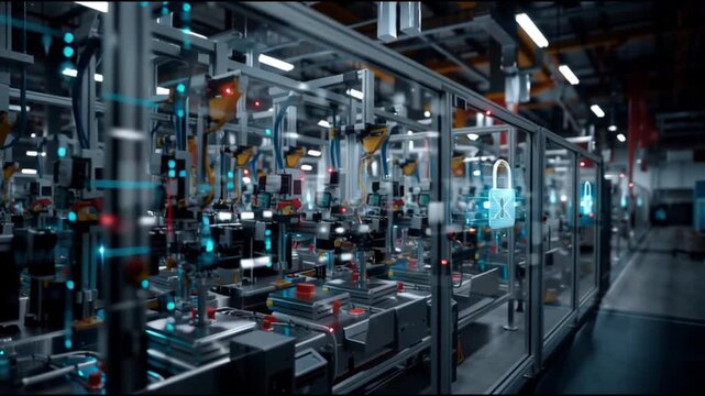 ICS. Industrial Control Systems. Cybersecurity. Industrial automation. IIoT. Critical infrastructure. Digital lock icon representing cybersecurity in a tech environment.