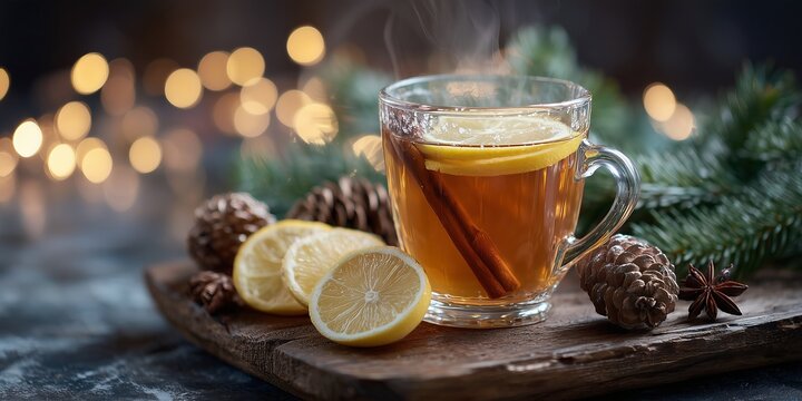 steaming glass cup of herbal tea with ginger slices, lemon wedges, and cinnamon stick, placed on rustic wooden tray with fir branches and pinecones