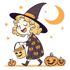 Fototapeta premium Retro Cute Witch Girl Halloween Illustration