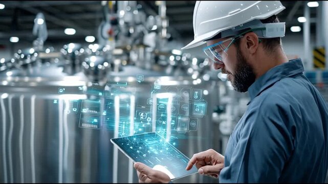 ICS. Industrial Control Systems. Cybersecurity. Industrial automation. IIoT. Critical infrastructure. A technician interacts with a digital interface in a modern facility.