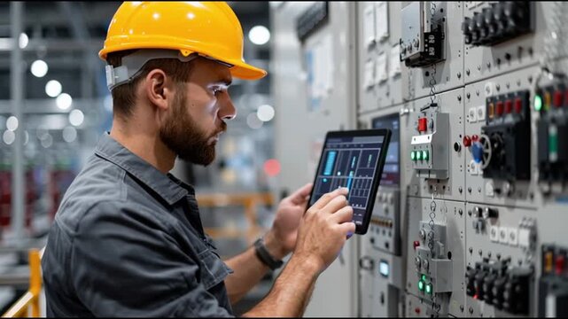 ICS. Industrial Control Systems. Cybersecurity. Industrial automation. IIoT. Critical infrastructure. Worker using a tablet to monitor machinery in an industrial setting