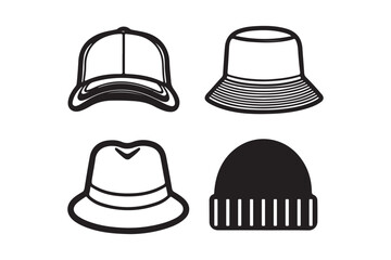 Collection of four distinct hat styles in outline and silhouette