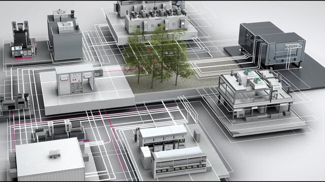 ICS. Industrial Control Systems. Cybersecurity. Industrial automation. IIoT. Critical infrastructure. A digital representation of interconnected modular buildings and trees.