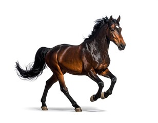 Fototapeta premium Brown horse in a dynamic gallop against a white background